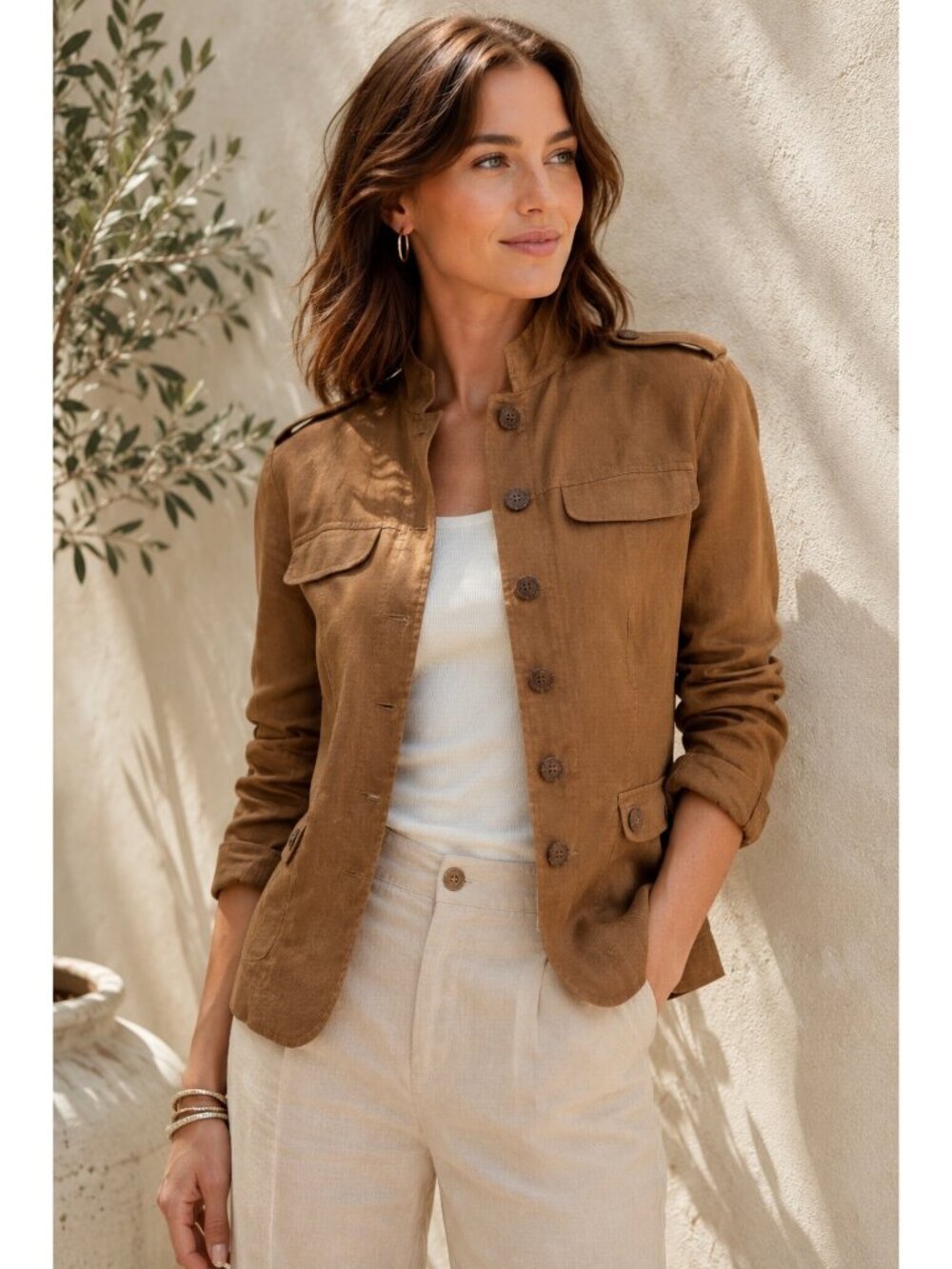 Alison Taylor 100% Linen Military Jacket Womens Size 10 Brown Button Front Safar